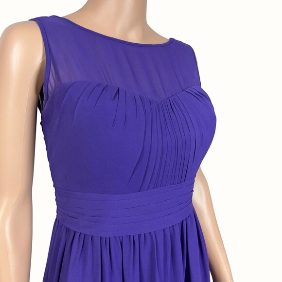 Bill Levkoff Purple Sleeveless Ruched Chiffon Gown With Sheer Neckline & V-Back - Picture 3 of 9